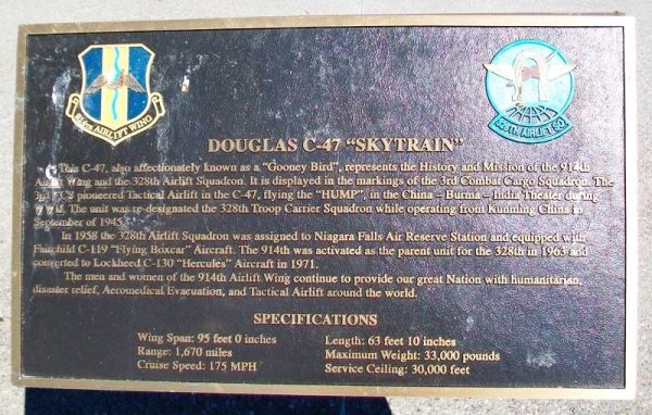 DOUGLAS C-47 WAR MEMORIAL AIRPLANE PLAQUE