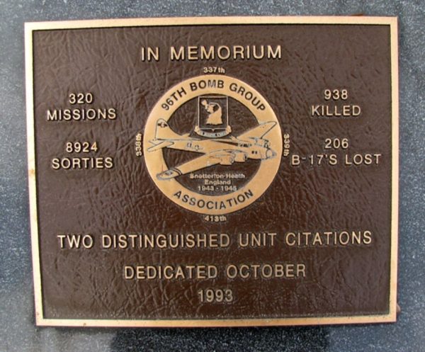 96TH BOMB GROUP ASSOCIATION WAR MEMORIAL PLAQUE