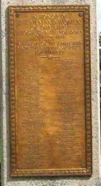 DANBURY VETERANS MEMORIAL WORLD WAR I PLAQUE