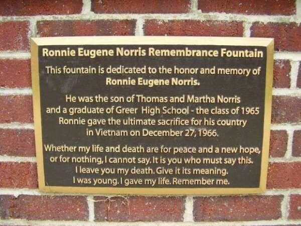 RONNIE EUGENE NORRIS REMEMBRANCE FOUNTAIN PLAQUE