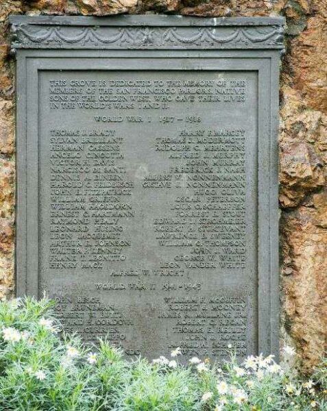 SAN FRANCISCO PARLORS WAR MEMORIAL TREE GROVE PLAQUE