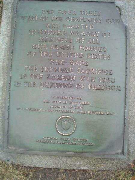 NEW YORK CITY KOREAN WAR TREES PLAQUE