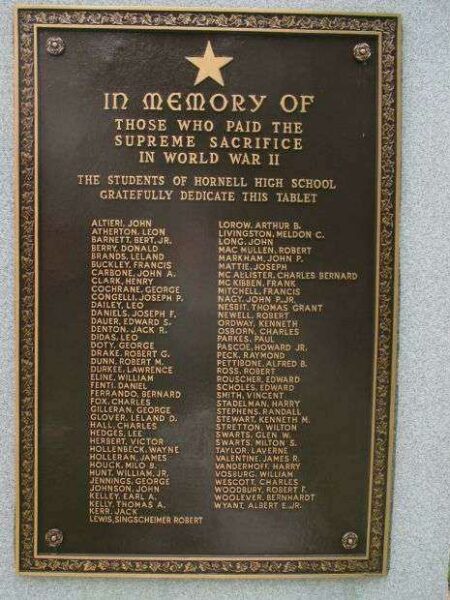 HORNELL HIGH SCHOOL WORLD WAR II MEMORIAL PLAQUE