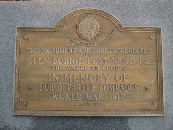 AMERICAN LEGION POST NO. 40 WAR MEMORIAL MONUMENT AND FOUNTAIN PLAQUE