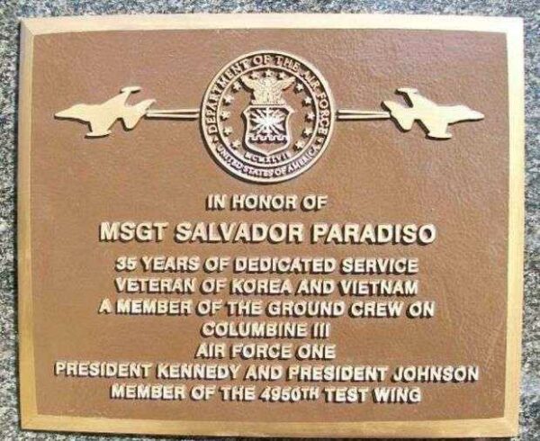 MSGT SALVADOR PARADISO WAR MEMORIAL PLAQUE