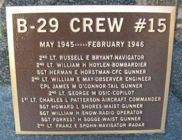 B-29 CREW #15 WAR MEMORIAL PLAQUE