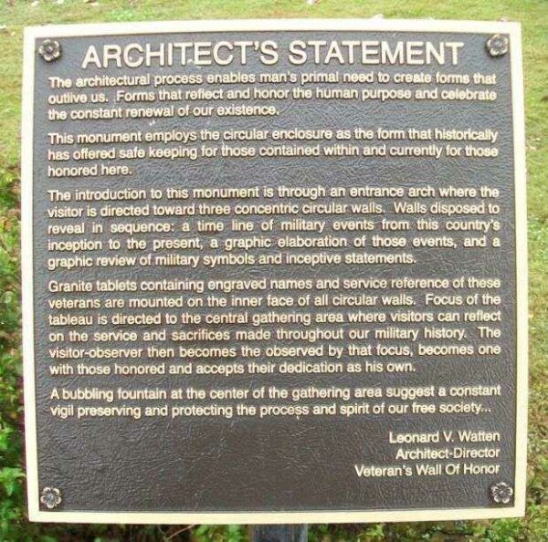 VETERANS WALL OF HONOR ARCHITECT’S STATEMEMT MEMORIAL PLAQUE