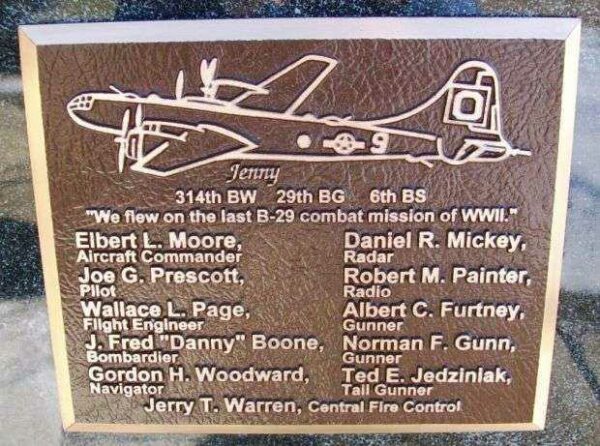 JENNY 314TH BW, 29TH BG, 6TH BS WAR MEMORIAL PLAQUE