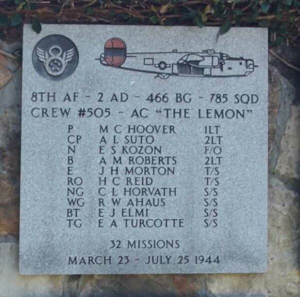 8TH AF-2 AD-466 BG-785 SQD WAR MEMORIAL PLAQUE