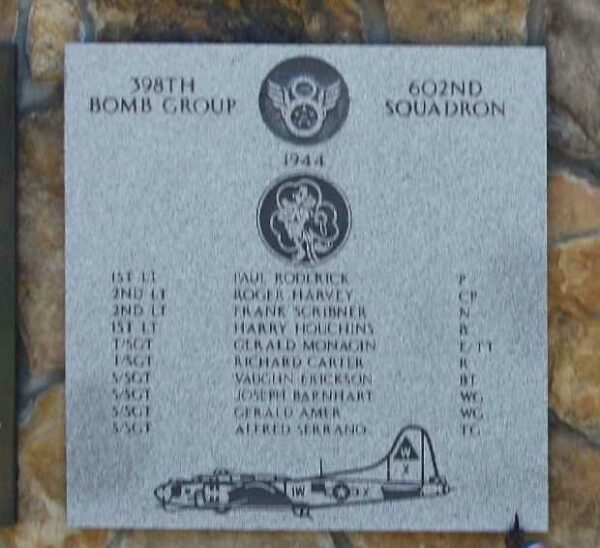 398TH BOMB GROUP 602ND SQUADRON WAR MEMORIAL PLAQUE