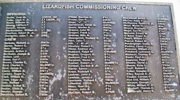 U.S.S. LIZARDFISH (SS373) WAR MEMORIAL CREW PLAQUE