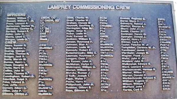 U.S.S. LAMPREY (SS372) WAR MEMORIAL CREW PLAQUE