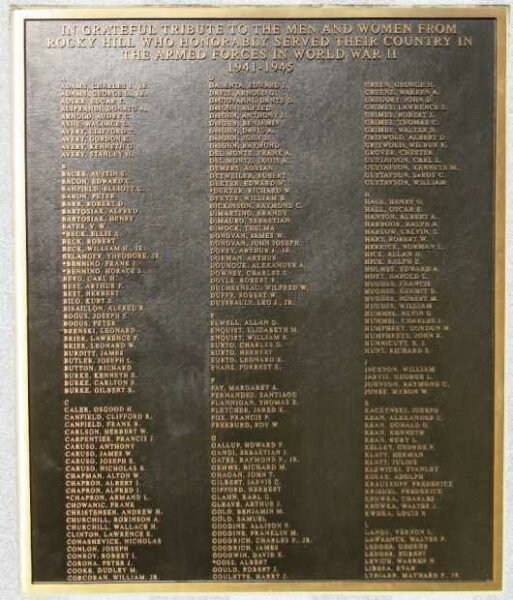 ROCKY HILL WORLD WAR II VETERANS MEMORIAL PLAQUE A