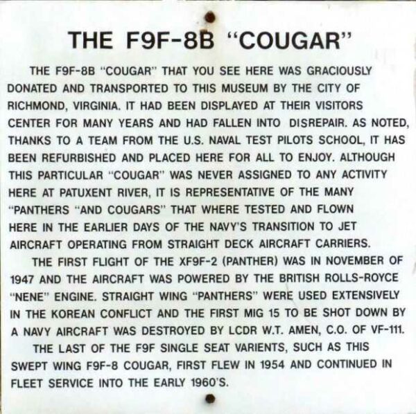 THE F9F-8B “COUGAR” MEMORIAL AIRCRAFT PLAQUE A