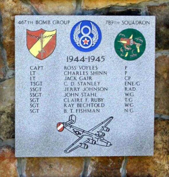 CAPT. ROSS VOYLES PILOT B-24 WAR MEMORIAL PLAQUE