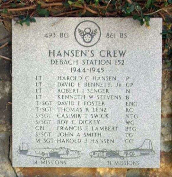 “HANSEN’S CREW” B-17 AND B-24 WAR MEMORIAL PLAQUE
