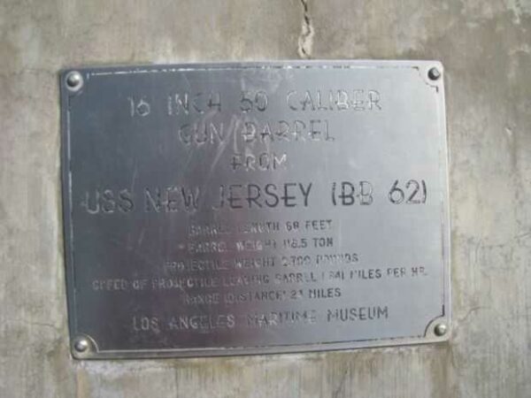 16 INCH 50 CALIBER GUN BARREL U.S.S. NEW JERSEY (BB 62) MEMORIAL PLAQUE