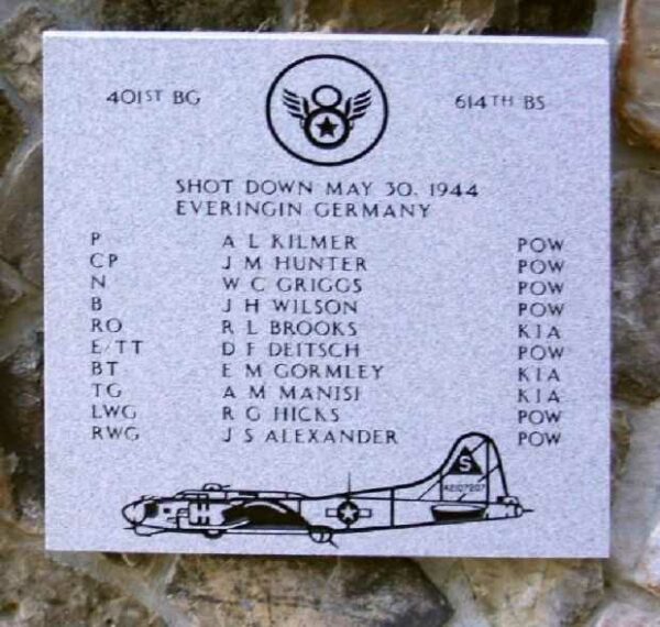 401ST BG 614TH BS WAR MEMORIAL PLAQUE