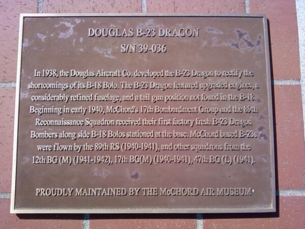 DOUGLAS B-23 DRAGON MEMORIAL AIRCRAFT PLAQUE