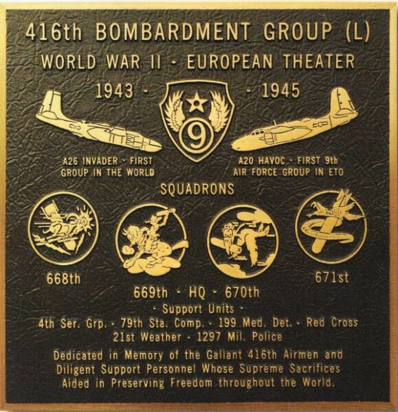 416TH BOMBARDMENT GROUP WAR MEMORIAL PLAQUE WINDSOR LOCKS