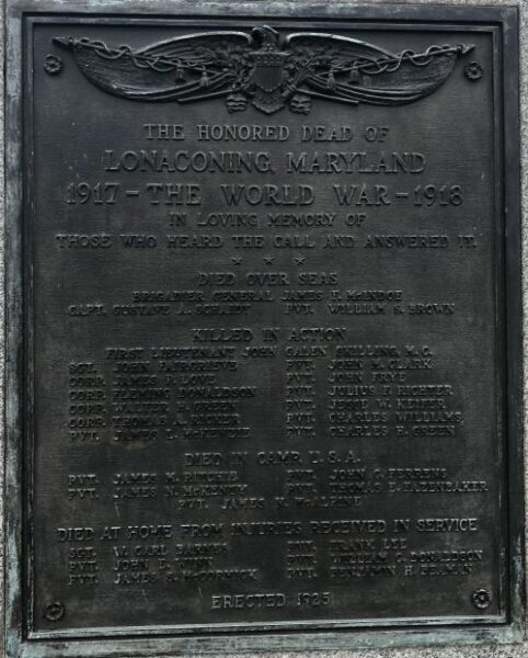 THE WORLD WAR HONORED DEAD OF LONACONING, MARYLAND MEMORIAL PLAQUE