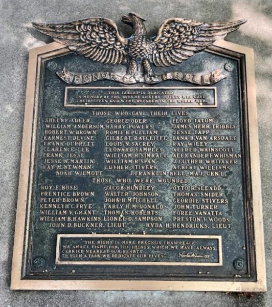 SHELBY COUNTY WORLD WAR MEMORIAL PLAQUE