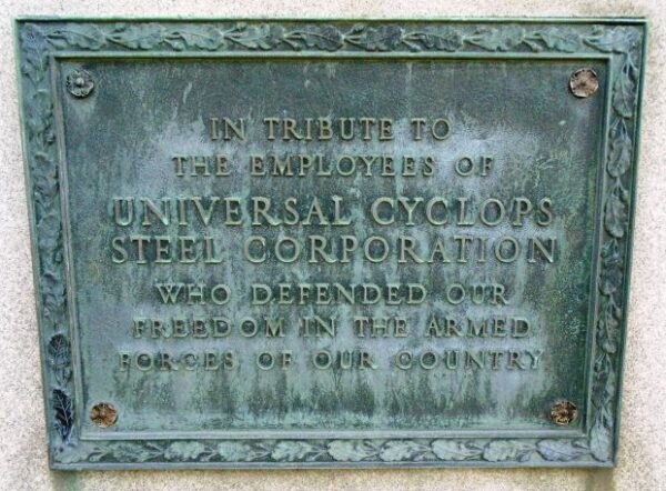 UNIVERSAL CYCLOPS STEEL CORPORATION WAR MEMORIAL PLAQUE