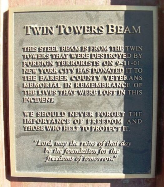 BARBER COUNTY TWIN TOWERS BEAM PLAQUE