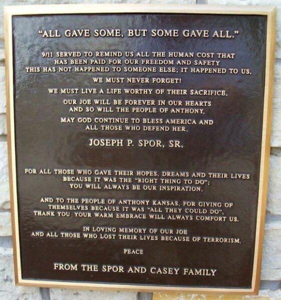 CITY OF ANTHONY SEPTEMBER 11, 2001 MEMORIAL PLAQUE D