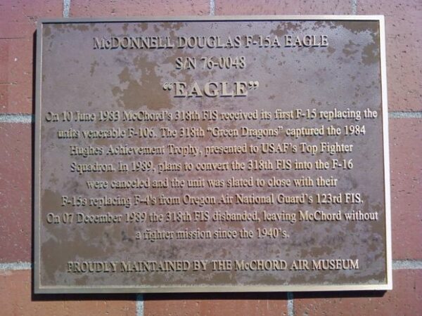 MCDONNELL DOUGLAS F-15A EAGLE MEMORIAL AIRCRAFT PLAQUE