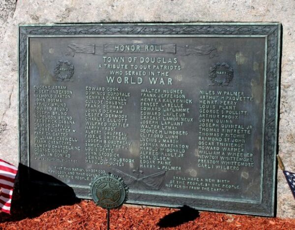 TOWN OF DOUGLAS WORLD WAR MEMORIAL PLAQUE