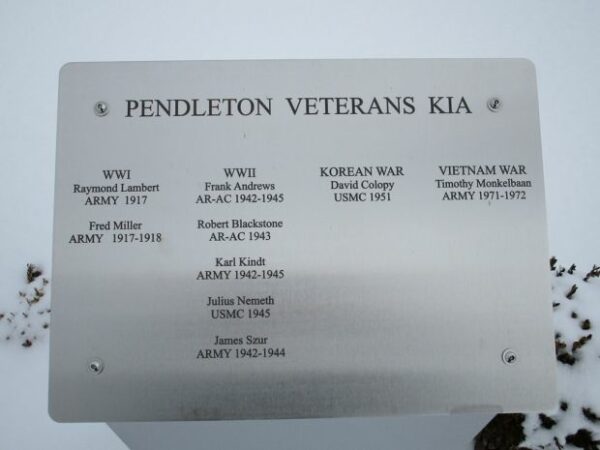 PENDLETON VETERANS KIA MEMORIAL PLAQUE