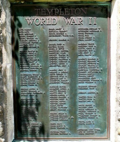 TEMPLETON, MA WORLD WAR II MEMORIAL PLAQUE