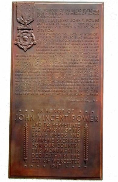 FIRST LIEUTENANT JOHN V. POWER MEDAL OF HONOR WAR MEMORIAL PLAQUE