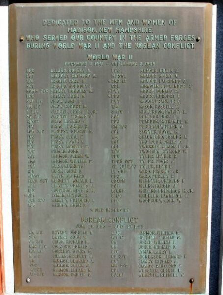 MADISON, N.H. WAR VETERANS MEMORIAL PLAQUE B