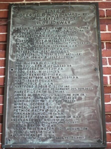DEERFIELD NEW HAMPSHIRE WORLD WAR MEMORIAL PLAQUE