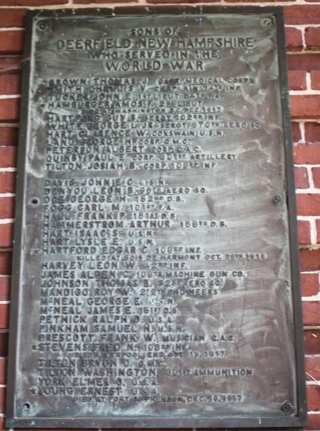 DEERFIELD NEW HAMPSHIRE WORLD WAR MEMORIAL PLAQUE