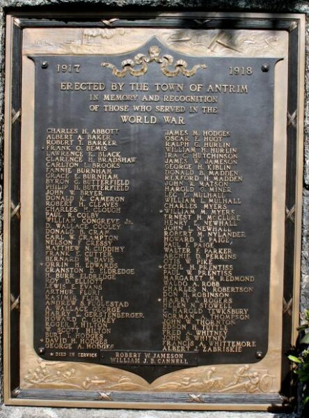 TOWN OF ANTRIM WORLD WAR MEMORIAL PLAQUE