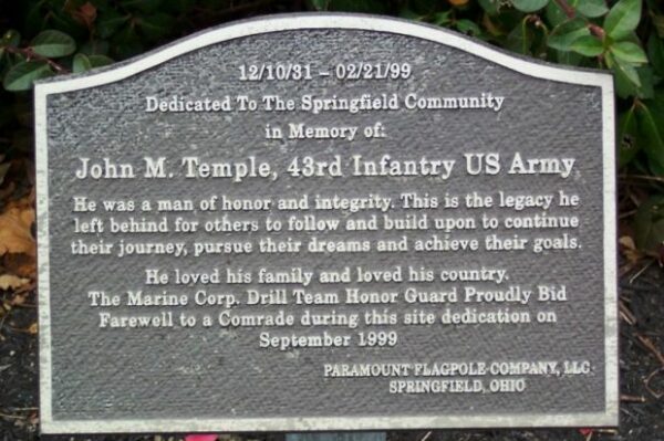 JOHN M. TEMPLE, 43RD INFANTRY US ARMY MEMORIAL PLAQUE