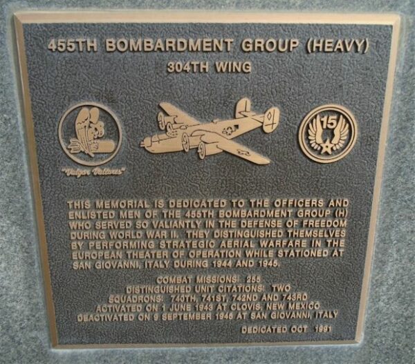 USAF ACADEMY 455TH BOMBARDMENT GROUP (HEAVY) WAR MEMORIAL PLAQUE