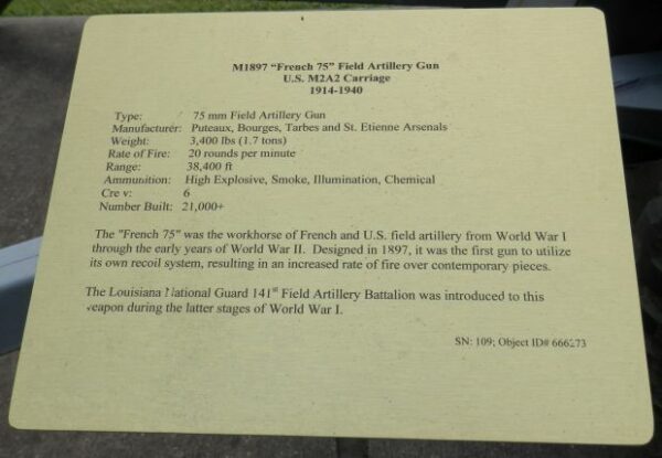 M1897 “FRENCH 75” FIELD ARTILLERY GUN WAR MEMORIAL PLAQUE