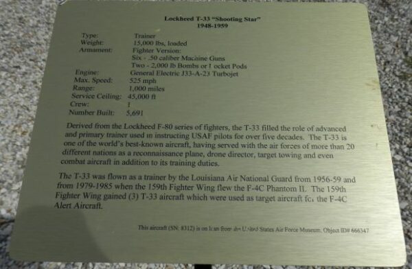 LOCKHEED T-33 “SHOOTING STAR” 1948-1959 WAR MEMORIAL PLAQUE