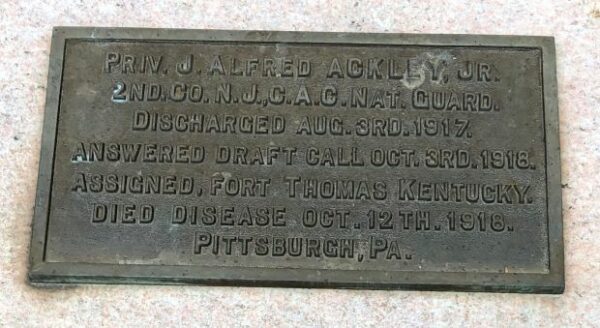 PRIV. J. ALFRED ACKLEY, JR. WAR MEMORIAL PLAQUE