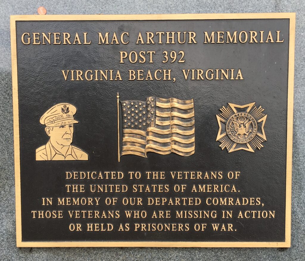 GENERAL MAC ARTHUR MEMORIAL POST 392 MEMORIAL PLAQUE
