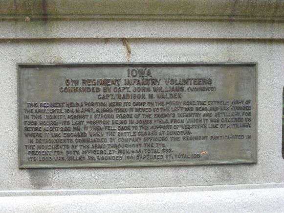 6TH IOWA INFANTRY REGIMENT AT SHILOH MEMORIAL PLAQUE