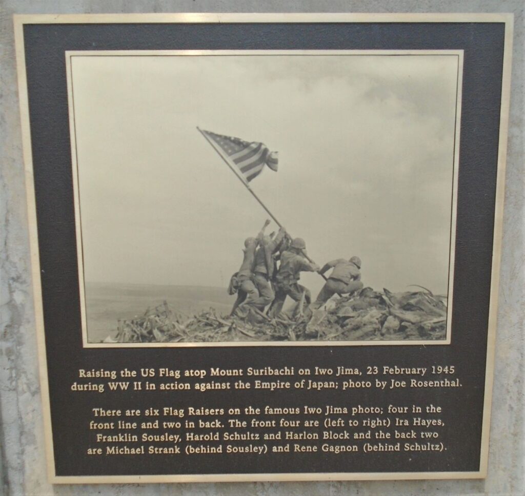 RAISING THE US FLAG ATOP MOUNT SURIBACHI WAR MEMORIAL PLAQUE