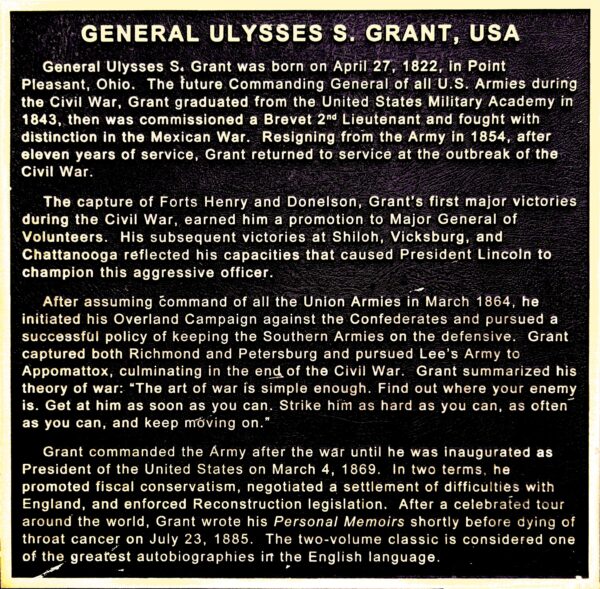 GENERAL ULYSSES S. GRANT USA MEMORIAL BUILDING PLAQUE