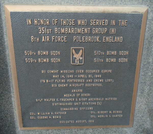 USAF ACADEMY 351ST BOMBARDMENT GROUP (H) WAR MEMORIAL PLAQUE