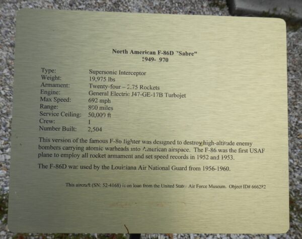NORTH AMERICAN F-86D “SABRE” AIRCRAFT MEMORIAL PLAQUE
