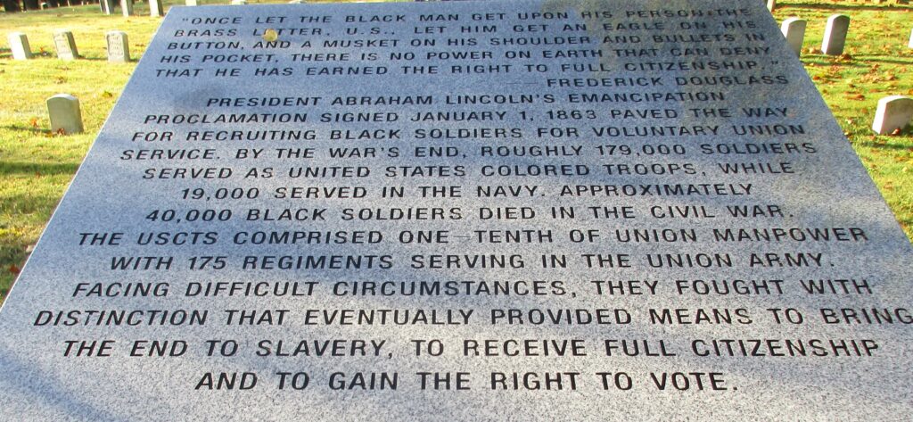 UNITED STATES COLORED TROOPS INTERRED FERNCLIFF CEMETERY MDMORIAL NARRATIVE STONE